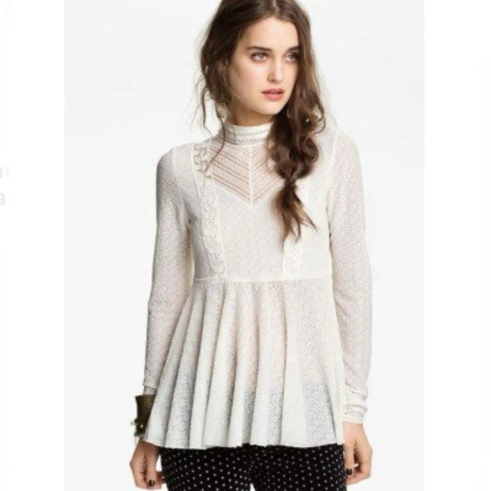 Free People Boho‎ Mock Neck Peplum Lace Top Size S Edwardian Victorian Whimsy